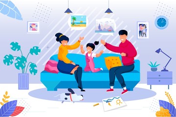 Smiling Parent Playing with Cheerful Daughter Kid Sitting Together on Couch in Living Room at Home. Happy Family Evening Recreation and Pastime. Togetherness Activity. Vector Illustration