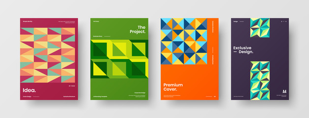 Naklejka premium Company identity brochure template collection. Business presentation vector A4 vertical orientation front page mock up set. Corporate report cover abstract geometric illustration design layout bundle.