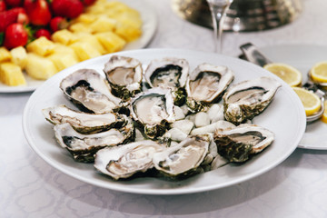 Fototapeta na wymiar Oysters on a round plate in a restaurant