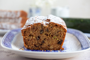 Homemade healthy zucchini and walnut bread. Sliced and ready to eat.