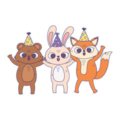 happy birthday, cute bear rabbit and fox with party hats celebration isolation design icon