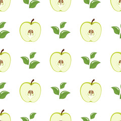Seamless pattern with green half apples and leaves on white background. Organic fruit. Cartoon style. Vector illustration for design, web, wrapping paper, fabric, wallpaper.