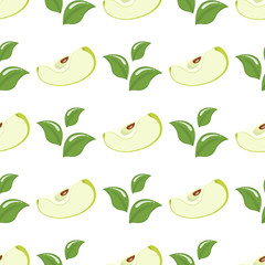 Seamless pattern with green slice apples and leaves on white background. Organic fruit. Cartoon style. Vector illustration for design, web, wrapping paper, fabric, wallpaper.