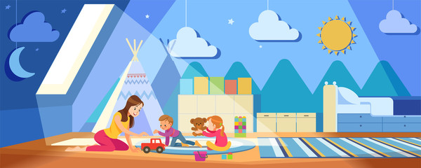 Children's creativity. Mother And Children Playing With toys in the cozy playroom during coronavirus crisis. Concept motherhood child-rearing. Stay at home vector cartoon illustration