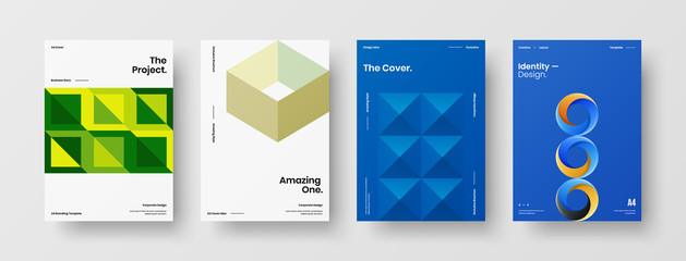 Fototapeta premium Company identity brochure template collection. Business presentation vector A4 vertical orientation front page mock up set. Corporate report cover abstract geometric illustration design layout bundle.
