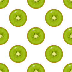 Seamless pattern with fresh half kiwi fruit on white background. Summer fruits for healthy lifestyle. Organic fruit. Cartoon style. Vector illustration for any design.