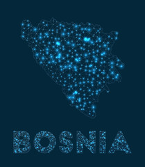 Bosnia network map. Abstract geometric map of the country. Internet connections and telecommunication design. Artistic vector illustration.