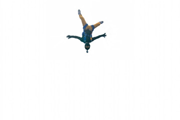 Fototapeta na wymiar Dynamic. Skydiver is in free fall. Parachutist uses professional equipment.Extreme people flying in open air. Freedom as a way of life. 