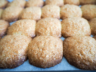 Gluten-free round cookies of light brown color from buckwheat and corn flour with cashew nuts on a baking sheet