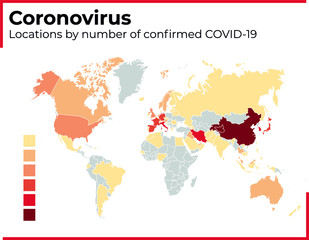 Coronavirus speed on world map. Countries with ill people. Map shows global spread of coronavirus by country and territory. March 2020