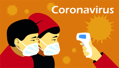 Coronavirus in China (2019-nCoV), men in white medical face mask. Coronavirus quarantine. Non-contact thermometer for diagnosing the disease. Chinese people