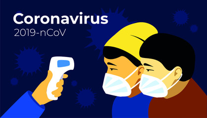 Coronavirus in China (2019-nCoV), men in white medical face mask. Coronavirus quarantine. Non-contact thermometer for diagnosing the disease. Chinese people
