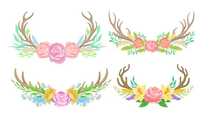 Deer Antlers Arranged with Showy Flower Buds and Tender Feathers Vector Set