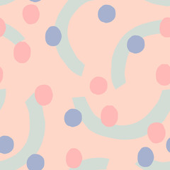Simple and fun seamless pattern with round shapes and dots. Abstract geometry design. Chaotic fun figures texture.