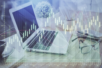 Multi exposure of forex chart and work space with computer. Concept of international online trading.