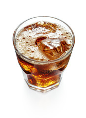 top view of glass of cola with ice cubes isolated on white background