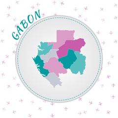 Gabon map design. Map of the country with regions in emerald-amethyst color palette. Rounded travel to Gabon poster with country name and airplanes background. Radiant vector illustration.
