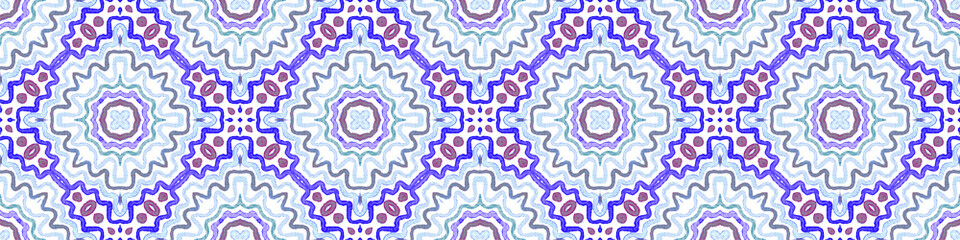 Blue Seamless Border Scroll. Geometric Watercolor 