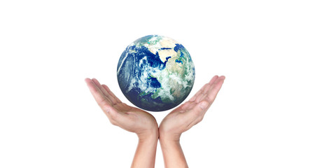Globe , earth in human hand, holding our planet glowing.  image provided by Nasa