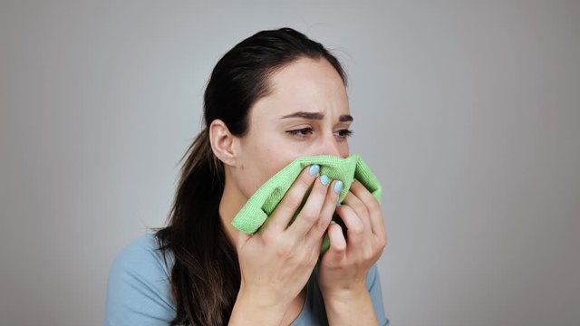 Close Up Sick Young Woman Sneezing 4k