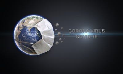 Head title Corona Virus with light flare. Planet Earth wearing face mask to protect the globe. World medical concept.  3D Render Earth wearing Face Mask Isolated with Clipping Path, Clipping Mask.