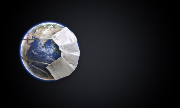 Planet Earth globe with face mask protect. World medical concept. Earth with face mask protect the globe. 3D Render Earth wearing Mask Isolated with Clipping path, Clipping Mask. 