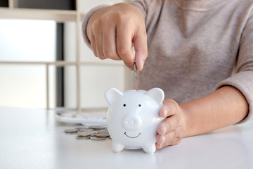 Women are putting coins in the piggy bank Saving money with coins Step into a business that is...