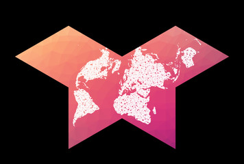 World network map. Collignon butterfly projection. Wired globe in Polyhedral Collignon projection on geometric low poly background. Radiant vector illustration.