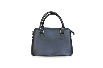 Black leather bag is medium in size with short handles standing on isolated white background with clipping path.
