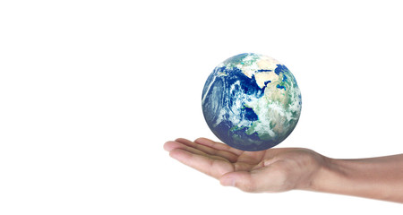 Globe , earth in human hand, holding our planet glowing.  image provided by Nasa