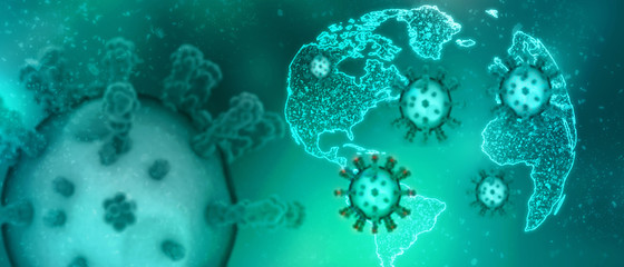 3d render Corona virus disease COVID-19. Microscopic view of a infectious virus
 - obrazy, fototapety, plakaty