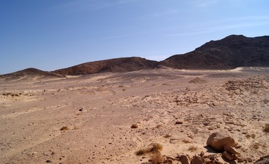 Beautiful panorama of the Sinai Desert. Mountains and sands of different shades. Clear blue sky