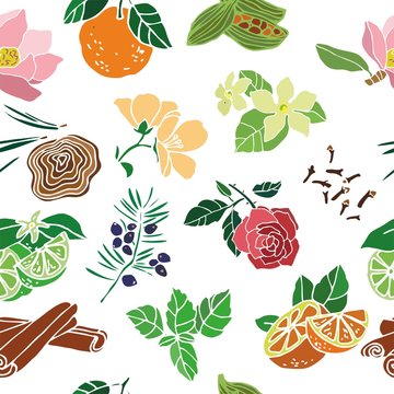 Seamless pattern with flowers, plants, leaves drawn by hand on a white background. Color aromatherapy symbols for postcard, banner, poster, invitation, wrapping paper. Cute cartoon Vector illustration