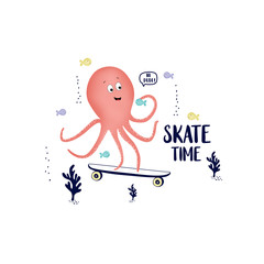 octopus skate fish moss colorful text line tee illustration art vector