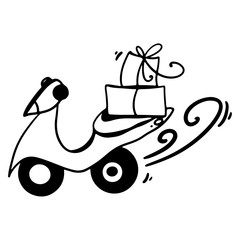 Fast moped food delivery in boxes on the seat cute outline doodle digital art. Print for stickers, cards, stationery, sites, banners, scrapbooking, wrapping paper.