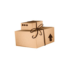 Brown craft box with bow delivery cute textured digital art. Print for stickers, cards, stationery, sites, banners, posters, scrapbooking, wrapping paper.