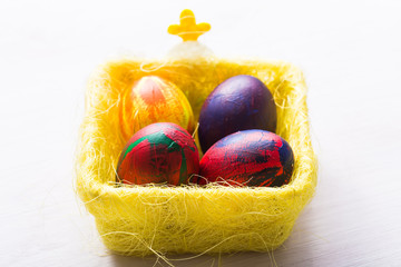 Holidays, traditions and Easter concept - Multi-colored decorative colourful eggs.