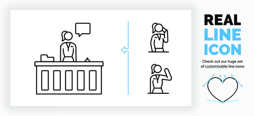 Editable real line icon of a standing stick figure receptionist working at the reception to help a customer and talk with a speech bubble and two symbols of the woman talking on the phone and waving 