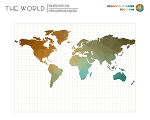 World map in polygonal style. Miller cylindrical projection of the world. Brown Blue Green colored polygons. Amazing vector illustration.