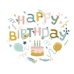 Happy Birthday hand drawn vector lettering. Doodle floral background and hand made text. 
Lettering for design gift card, shop sale advertising, bag print, positive poster, book cover, workshop invit