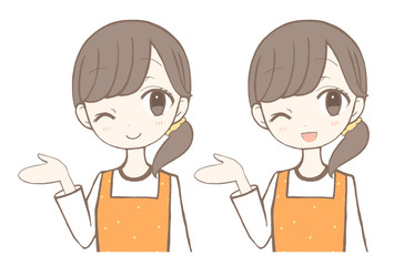 エプロン　女性　こちらです　どうぞ　イラスト　セット