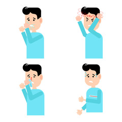 A set of images with signs of illness.Cough, sneeze,headache,fever, runny nose.The young man is ill.Vector illustration