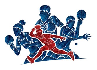 Group of Ping Pong players, Table Tennis players action cartoon sport graphic vector. - obrazy, fototapety, plakaty
