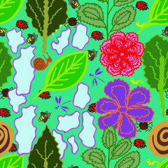 Naklejka premium Vector illustration. Abstract multicolored bright seamless pattern in the form of plants and insects. Design for wallpaper, covers, cards, prints.