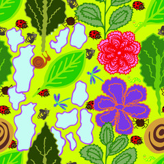 
Vector illustration. Abstract multicolored bright seamless pattern in the form of plants and insects. Design for wallpaper, covers, cards, prints.