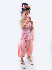 children girl in traditional Thai dress  for Welcome Songkran Festival on white background