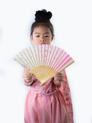 children girl in traditional Thai dress  for Welcome Songkran Festival on white background