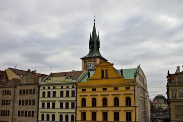 Old bohemian buildings with decorated roofs and spires (Prague, Czech Republic, Europe)