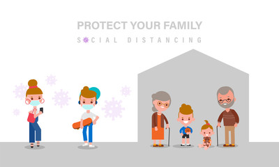 Social Distancing, Elderly and child should stay at home for safety during Covid-19 virus pandemic. People keeping distance. vector illustration in flat design style cartoon.