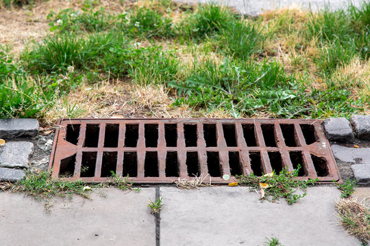 Storm Hatch Sewage With A Rusty Grill On The Edge Of A Pedestrian Stone Walkway Overgrown With Weeds In The Park.